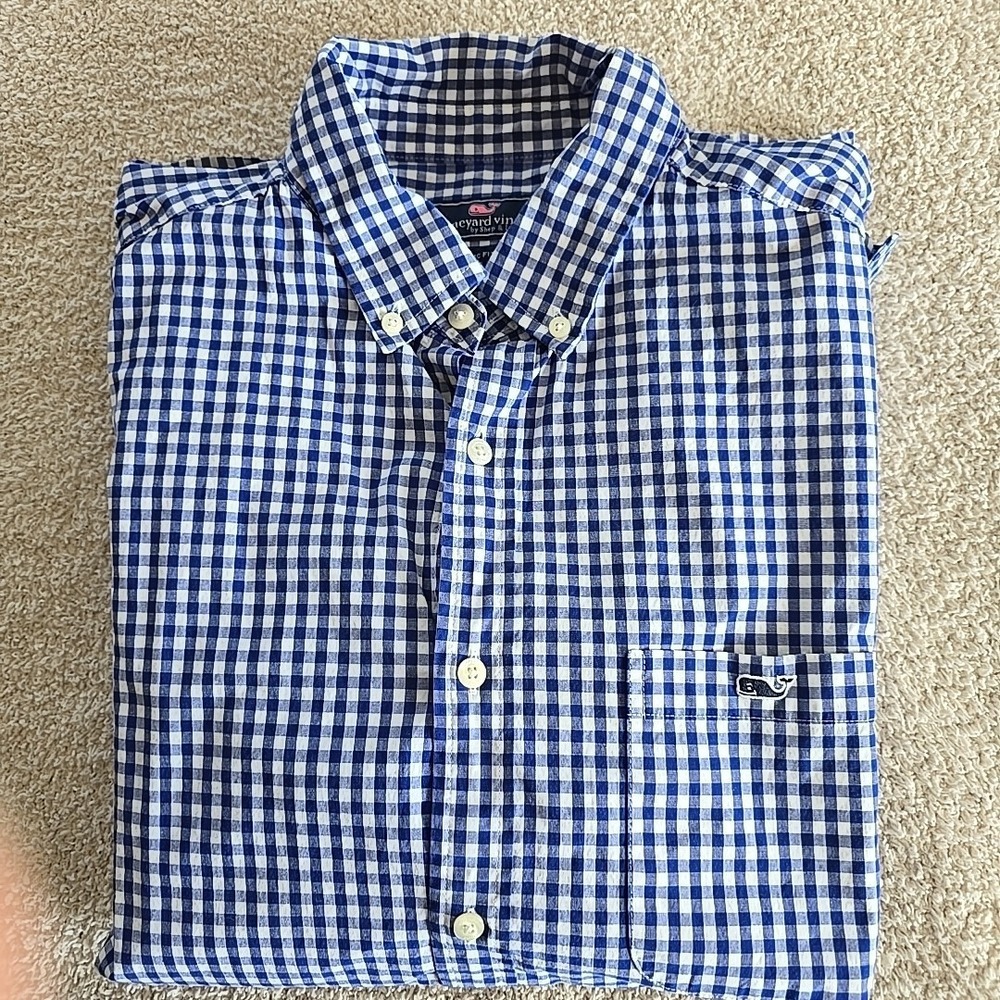 Vineyard Vines Classic Fit Gingham Pattern Stretch Button-Up Blue Men's Size L